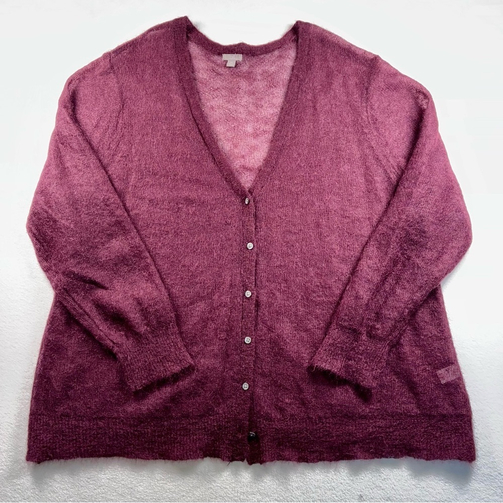 J. Jill Woman’s Cardigan Sweater Mohair Blend Open Knit Sheer 3x Wine Burgundy